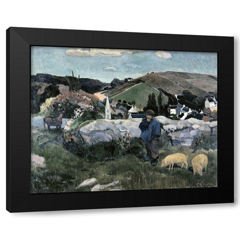 Swineherd Black Modern Wood Framed Art Print by Gauguin, Paul