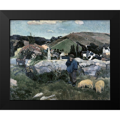 Swineherd Black Modern Wood Framed Art Print by Gauguin, Paul