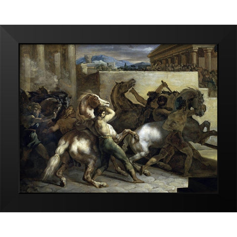 Run of The Wild Horses In Rome Black Modern Wood Framed Art Print by Gericault, Theodore