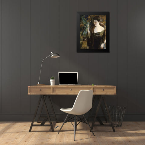 Young Woman and Statue Black Modern Wood Framed Art Print by Hassam, Childe