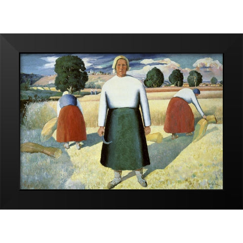 Female Farmers Black Modern Wood Framed Art Print by Malevich, Kazimir