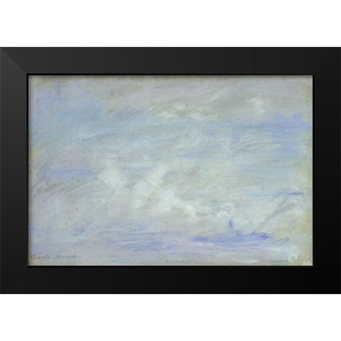 Boat on the Thames, Impression of Mist Black Modern Wood Framed Art Print by Monet, Claude