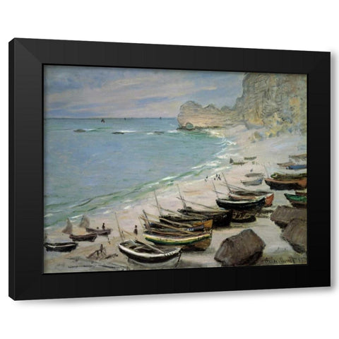 Boats on the Beach at Etretat, 1883 Black Modern Wood Framed Art Print by Monet, Claude