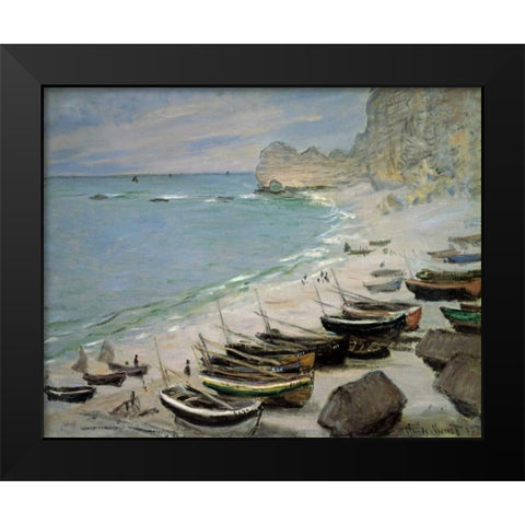 Boats on the Beach at Etretat, 1883 Black Modern Wood Framed Art Print by Monet, Claude