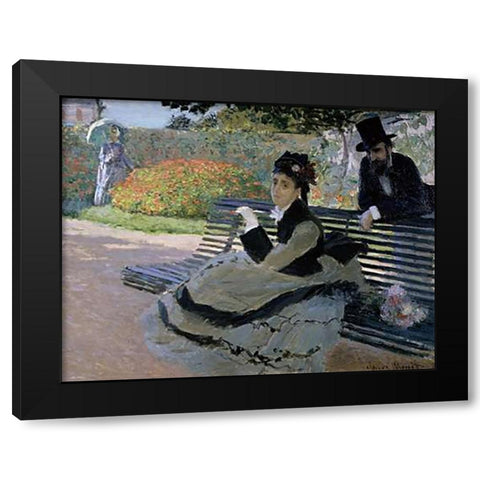 Camille Monet on a Garden Bench Black Modern Wood Framed Art Print by Monet, Claude