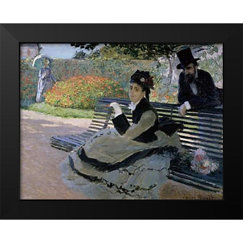 Camille Monet on a Garden Bench Black Modern Wood Framed Art Print by Monet, Claude