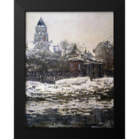 Church at Vetheuil, Winter Black Modern Wood Framed Art Print by Monet, Claude