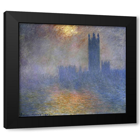 London Parliament - Patch of Sun in the Fog Black Modern Wood Framed Art Print by Monet, Claude