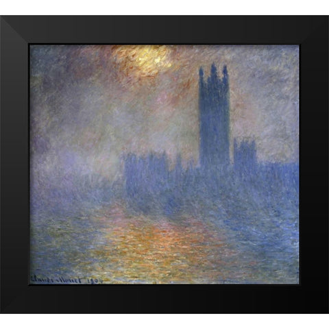 London Parliament - Patch of Sun in the Fog Black Modern Wood Framed Art Print by Monet, Claude