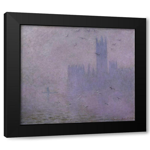 Seagulls - The River Thames and Houses of Parliament, London Black Modern Wood Framed Art Print by Monet, Claude
