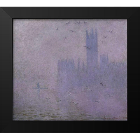Seagulls - The River Thames and Houses of Parliament, London Black Modern Wood Framed Art Print by Monet, Claude