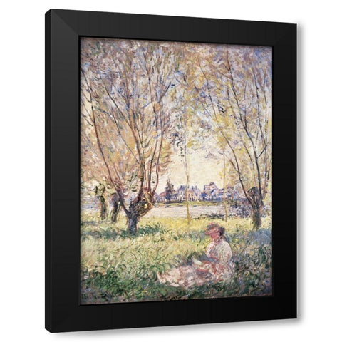 Woman Seated under the Willows Black Modern Wood Framed Art Print with Double Matting by Monet, Claude