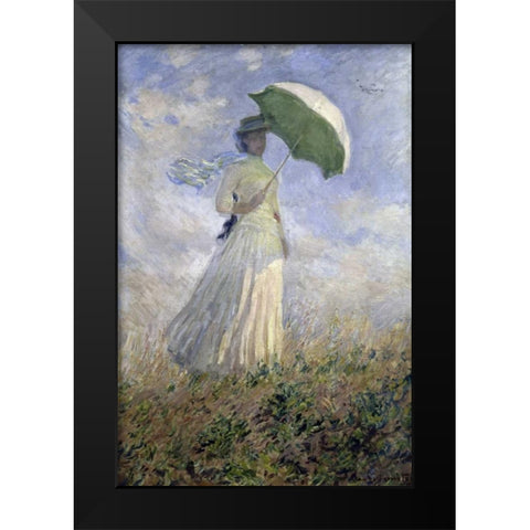 Woman with a Parasol Turned to the Right Black Modern Wood Framed Art Print by Monet, Claude