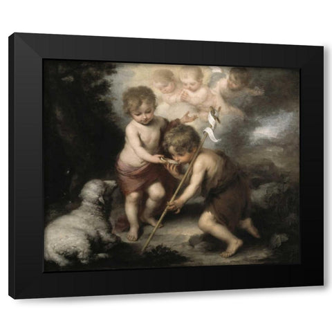 Jesus and John The Baptist: Children W/ Shell Black Modern Wood Framed Art Print with Double Matting by Murillo, Bartolome Esteban