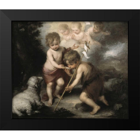 Jesus and John The Baptist: Children W/ Shell Black Modern Wood Framed Art Print by Murillo, Bartolome Esteban