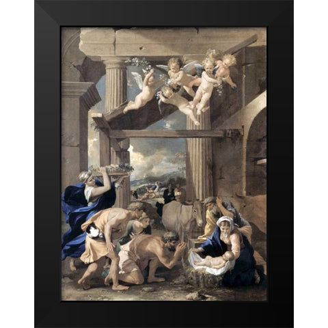 Adoration of The Shepherds Black Modern Wood Framed Art Print by Poussin, Nicolas