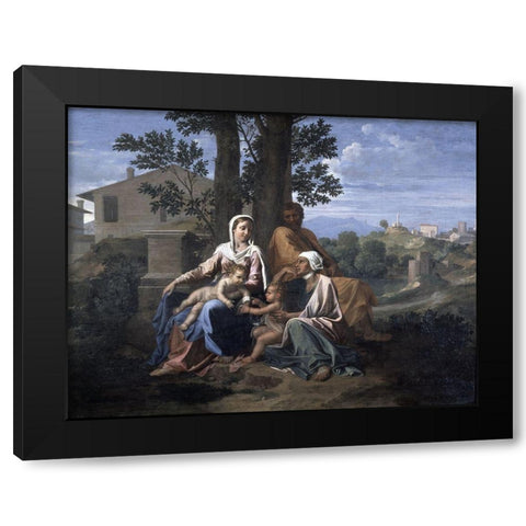 Holy Family In a Landscape Black Modern Wood Framed Art Print by Poussin, Nicolas