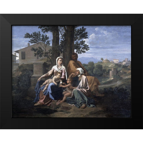 Holy Family In a Landscape Black Modern Wood Framed Art Print by Poussin, Nicolas
