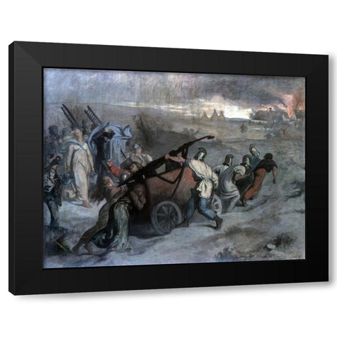 Village Firemen Black Modern Wood Framed Art Print with Double Matting by Puvis de Chavannes, Pierre
