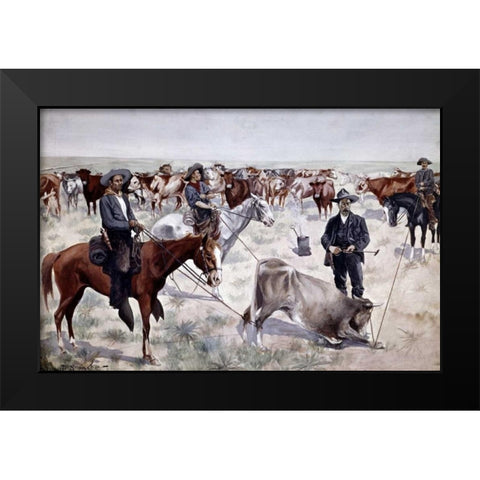 Branding a Steer Black Modern Wood Framed Art Print by Remington, Frederic