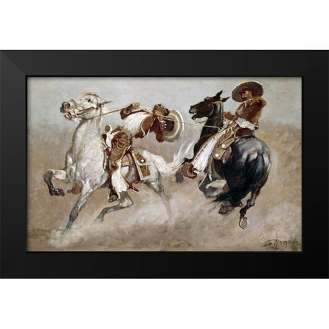 Cowboy Fun In Old Mexico Black Modern Wood Framed Art Print by Remington, Frederic