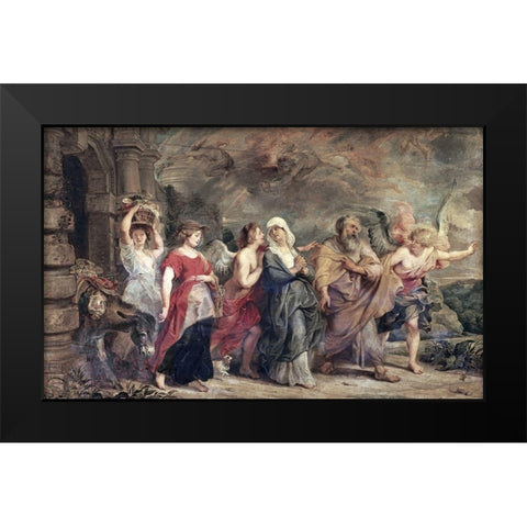 Escape of Lot Black Modern Wood Framed Art Print by Rubens, Peter Paul