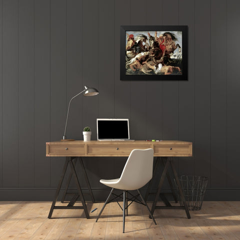 Hippo Hunt Black Modern Wood Framed Art Print by Rubens, Peter Paul