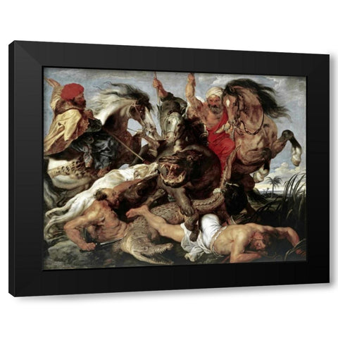 Hippo Hunt Black Modern Wood Framed Art Print with Double Matting by Rubens, Peter Paul