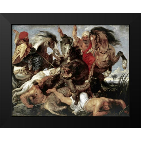 Hippo Hunt Black Modern Wood Framed Art Print by Rubens, Peter Paul