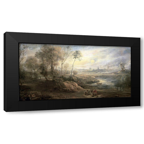 Landscape With a Bird-Catcher Black Modern Wood Framed Art Print by Rubens, Peter Paul