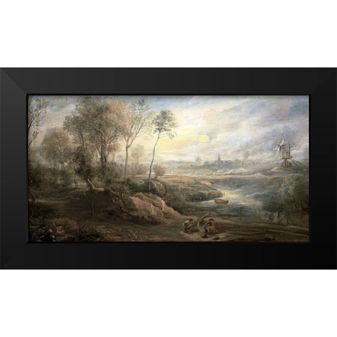 Landscape With a Bird-Catcher Black Modern Wood Framed Art Print by Rubens, Peter Paul