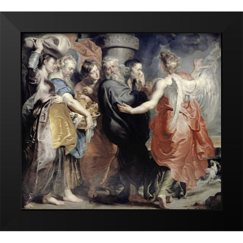 Lots Flight From Sodom Black Modern Wood Framed Art Print by Rubens, Peter Paul
