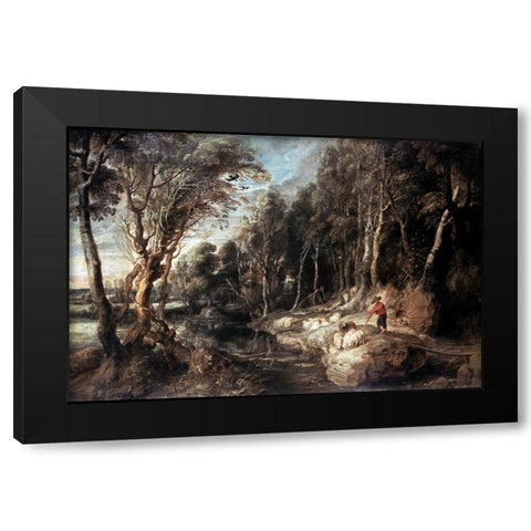 Shepherd With His Flock Black Modern Wood Framed Art Print by Rubens, Peter Paul