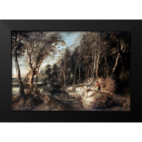 Shepherd With His Flock Black Modern Wood Framed Art Print by Rubens, Peter Paul