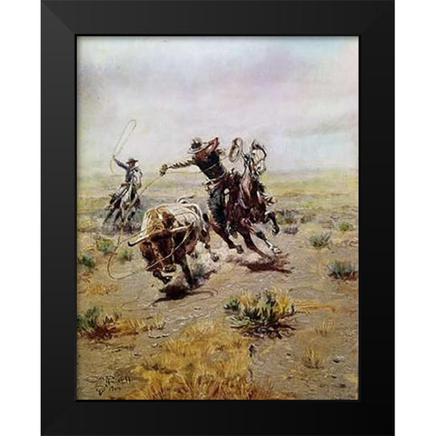 Cowboy Roping a Steer Black Modern Wood Framed Art Print by Russell, Charles