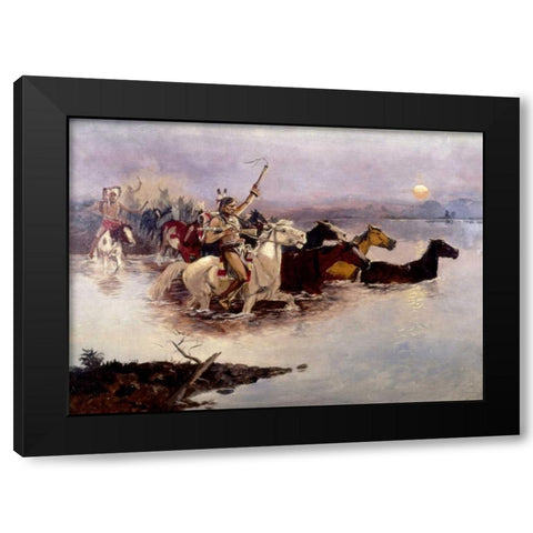 Crossing The River Black Modern Wood Framed Art Print with Double Matting by Russell, Charles M.