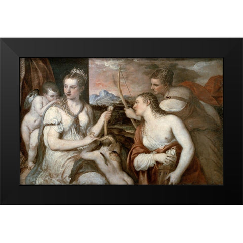 Venus Blindfolding Cupid Black Modern Wood Framed Art Print by Titian