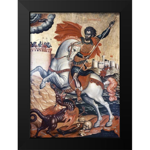 St. George Slaying The Dragon Black Modern Wood Framed Art Print by Tzanes