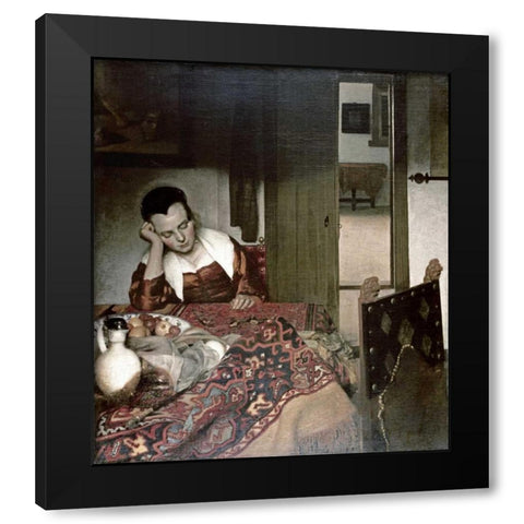 Girl Asleep at a Table Black Modern Wood Framed Art Print by Vermeer, Johannes