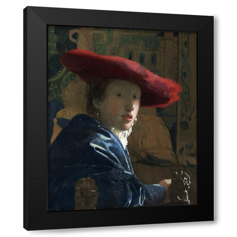 Girl with a Red Hat Black Modern Wood Framed Art Print by Vermeer, Johannes