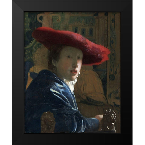 Girl with a Red Hat Black Modern Wood Framed Art Print by Vermeer, Johannes