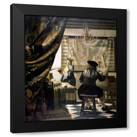 The Artists Studio Black Modern Wood Framed Art Print by Vermeer, Johannes