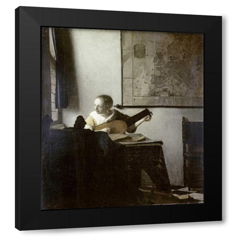 The Lute Player Black Modern Wood Framed Art Print by Vermeer, Johannes