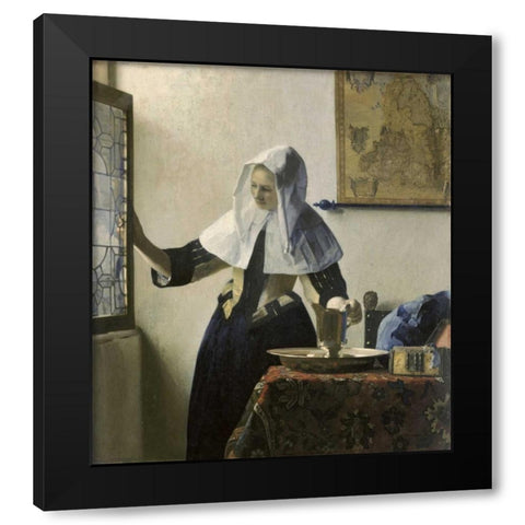 Woman with a Water Jug Black Modern Wood Framed Art Print with Double Matting by Vermeer, Johannes