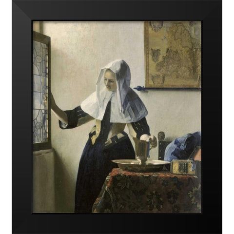 Woman with a Water Jug Black Modern Wood Framed Art Print by Vermeer, Johannes