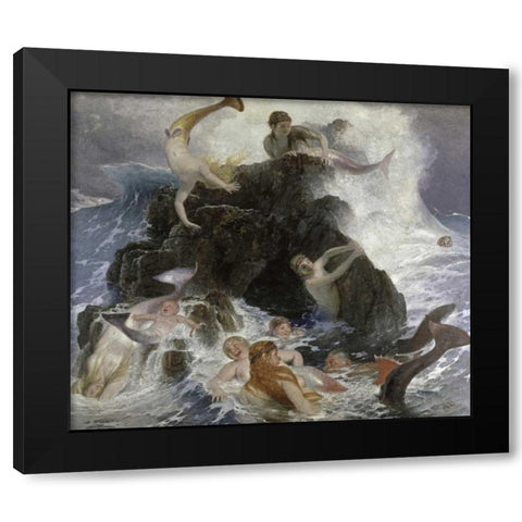 Mermaids at Play Black Modern Wood Framed Art Print with Double Matting by Bocklin, Arnold