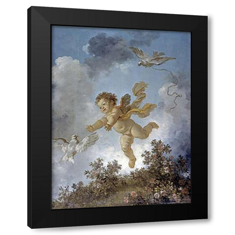 Love Reaching for a Dove Black Modern Wood Framed Art Print by Fragonard, Jean Honore