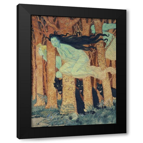 Three Women and Three Wolves Black Modern Wood Framed Art Print with Double Matting by Grasset, Eugene