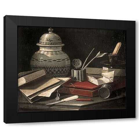 Still Life with Writing Accessories Black Modern Wood Framed Art Print with Double Matting by Monari, Cristoforo