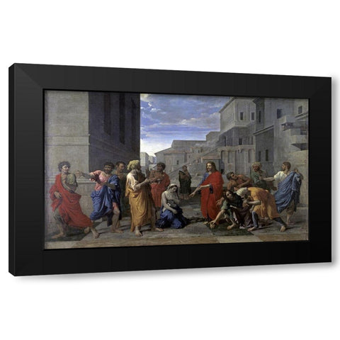 Christ and the Woman Taken in Adultery Black Modern Wood Framed Art Print by Poussin, Nicolas